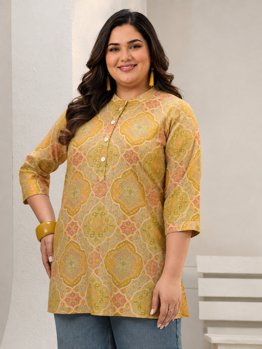 Plus Size Mustard Ethnic Printed Silk Blend Straight Short Kurti