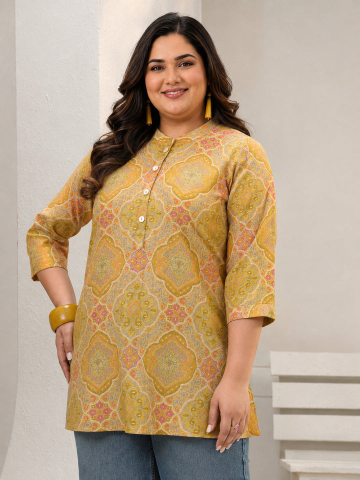Plus Size Mustard Ethnic Printed Silk Blend Straight Short Kurti