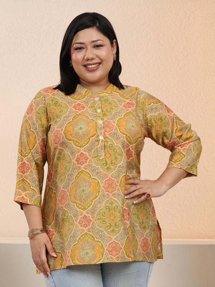 Plus Size Mustard Ethnic Printed Silk Blend Straight Short Kurti