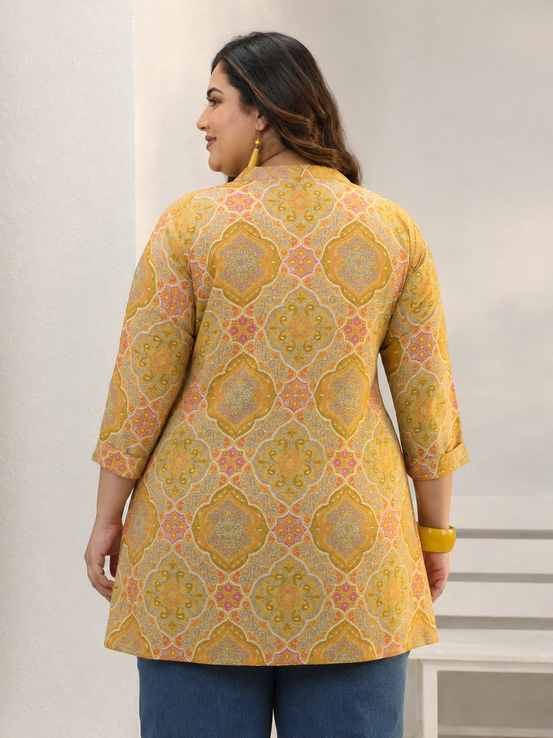 Plus Size Mustard Ethnic Printed Silk Blend Straight Short Kurti