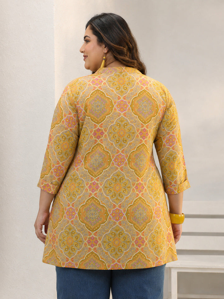 Plus Size Mustard Ethnic Printed Silk Blend Straight Short Kurti