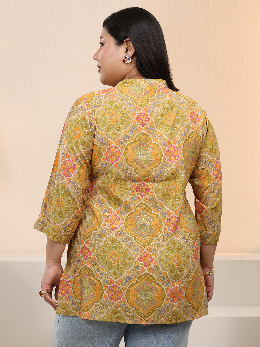 Plus Size Mustard Ethnic Printed Silk Blend Straight Short Kurti