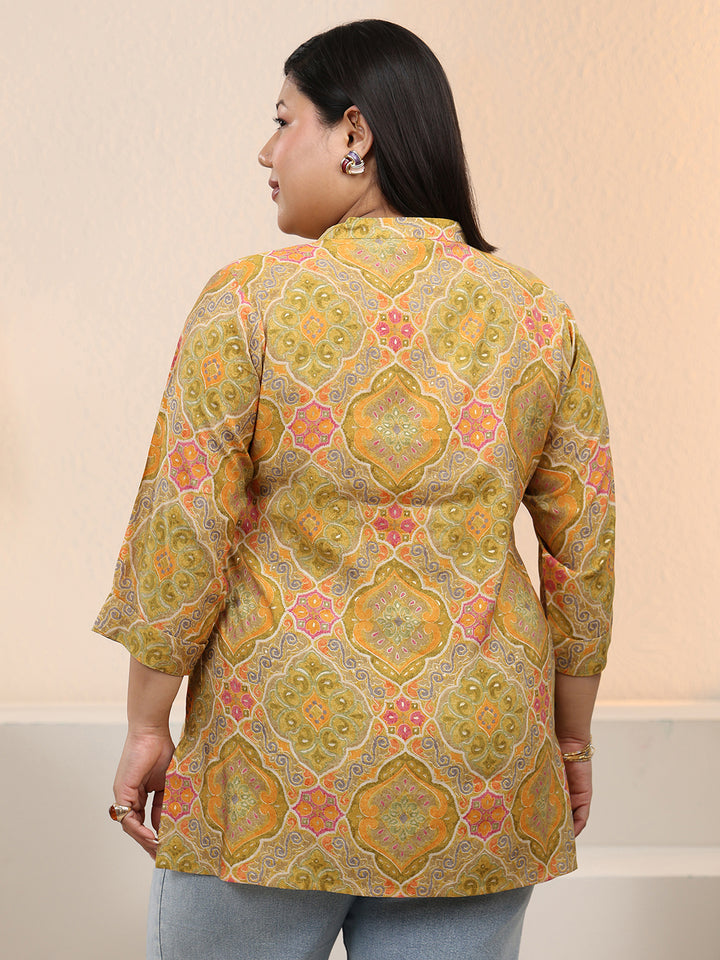 Plus Size Mustard Ethnic Printed Silk Blend Straight Short Kurti
