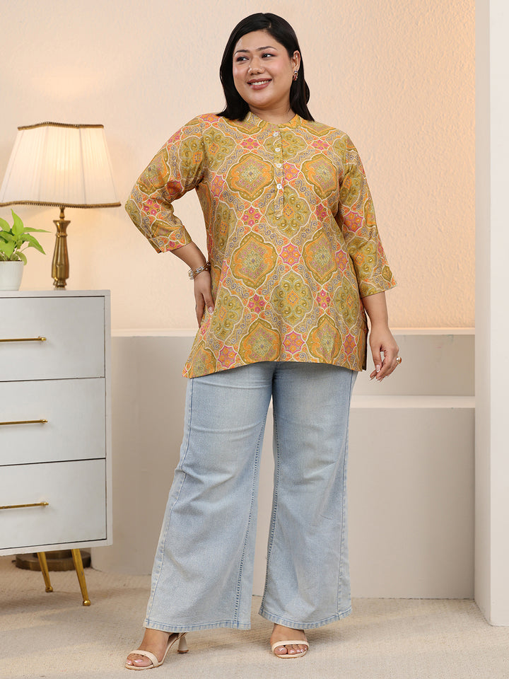 Plus Size Mustard Ethnic Printed Silk Blend Straight Short Kurti