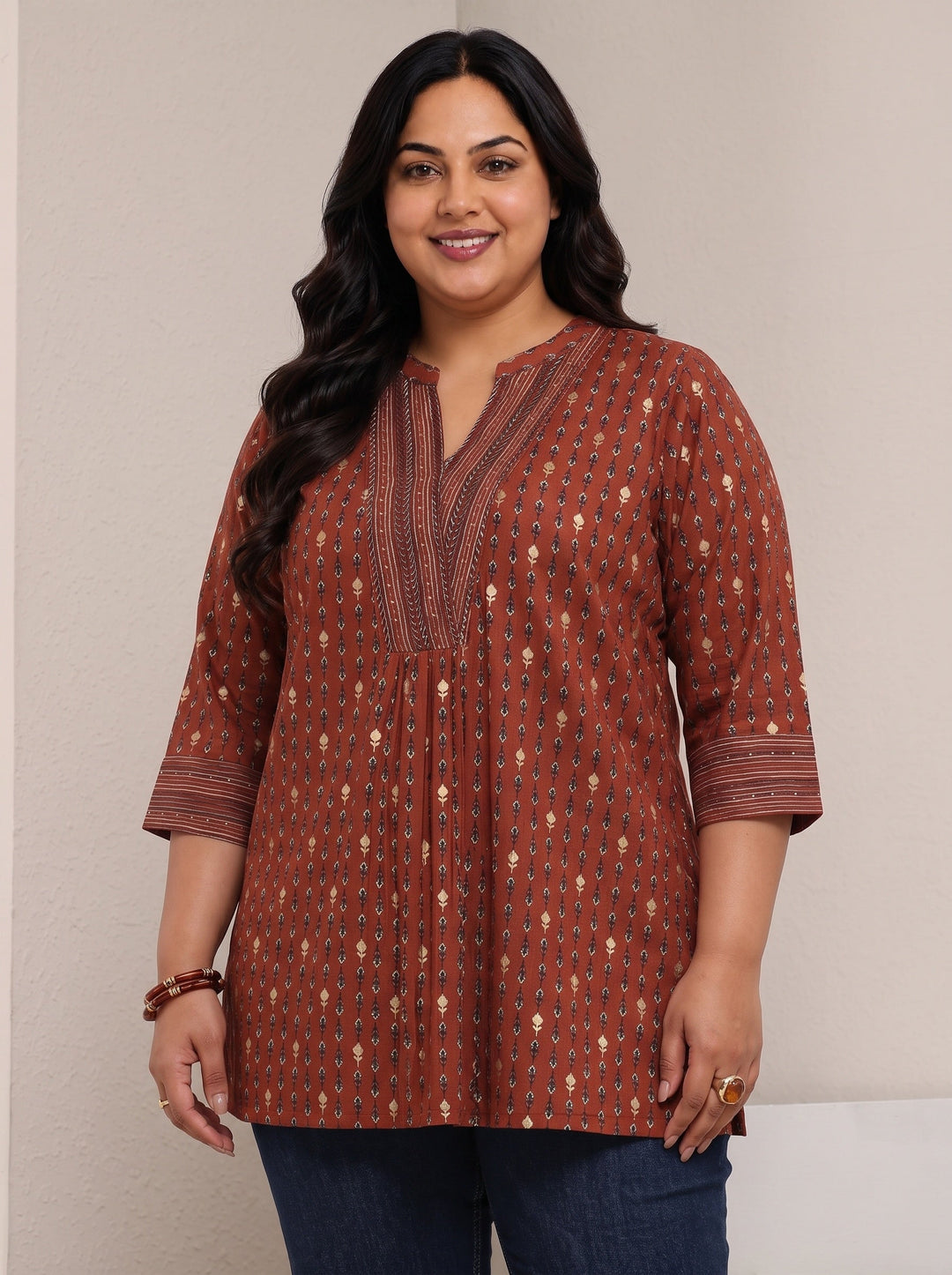 Plus Size Rust Ethnic Printed Silk Blend Straight Short Kurti