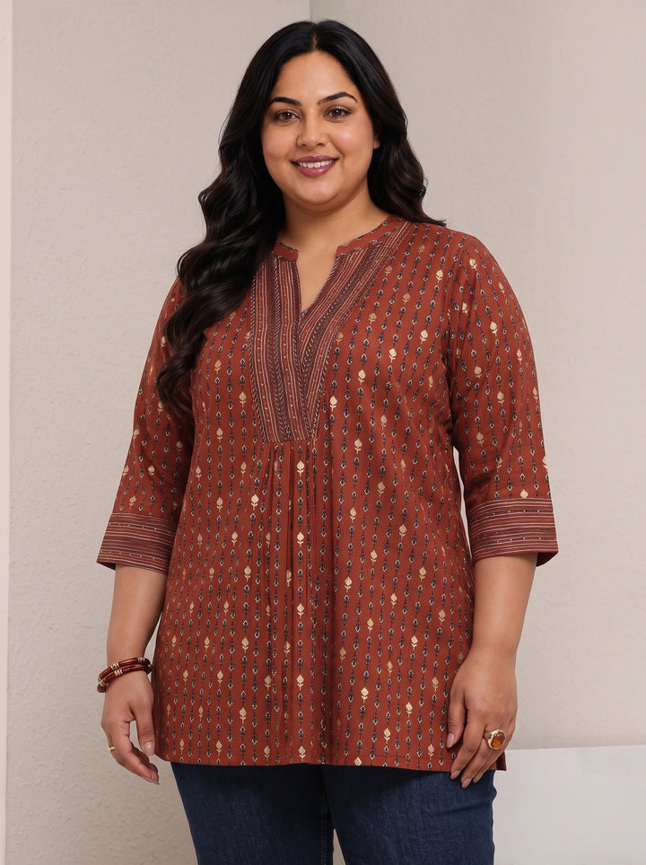 Plus Size Rust Ethnic Printed Silk Blend Straight Short Kurti