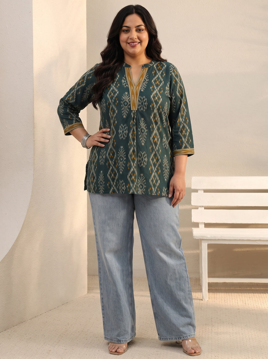 Plus Size Green Ethnic Printed Cotton A-Line Short Kurti