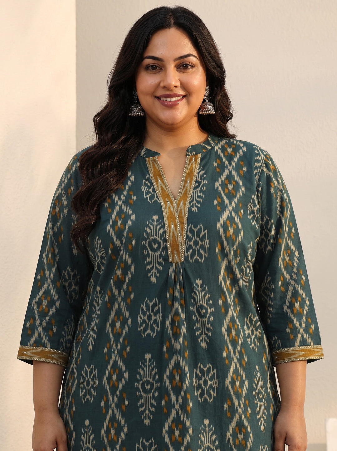 Plus Size Green Ethnic Printed Cotton A-Line Short Kurti