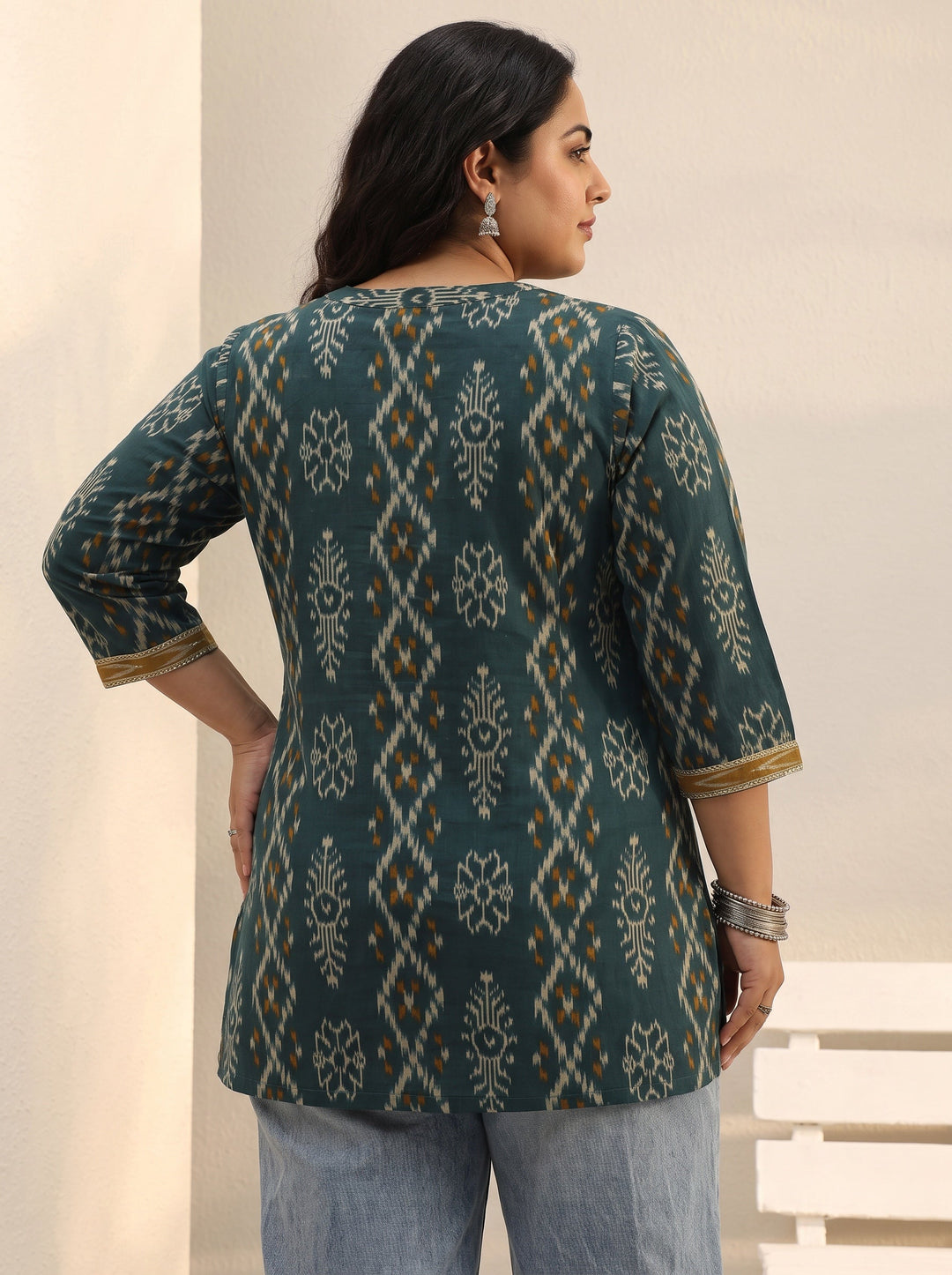 Plus Size Green Ethnic Printed Cotton A-Line Short Kurti