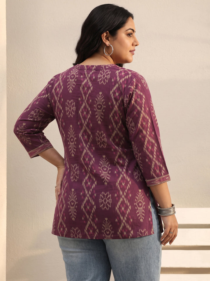 Plus Size Purple Ethnic Printed Cotton A-Line Short Kurti