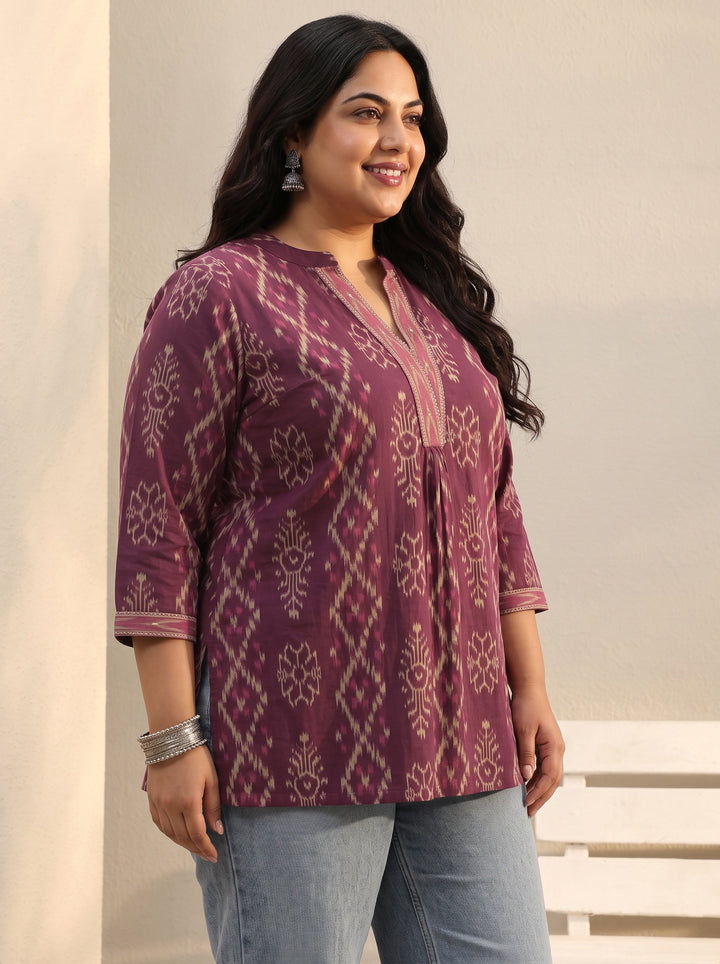 Plus Size Purple Ethnic Printed Cotton A-Line Short Kurti