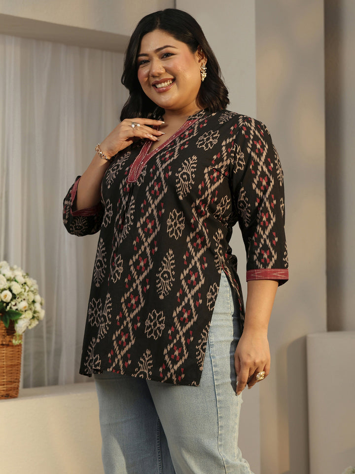 Plus Size Black Printed Cotton Short Kurti