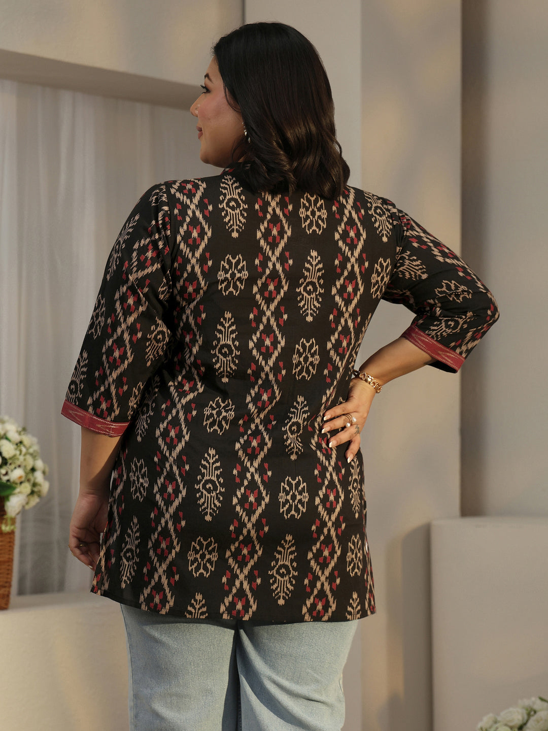 Plus Size Black Printed Cotton Short Kurti