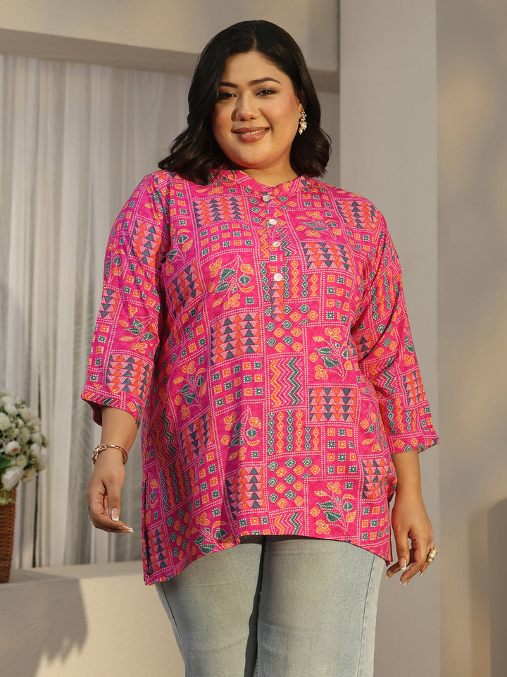 Plus Size Pink Multi Printed Rayon Straight Tunic