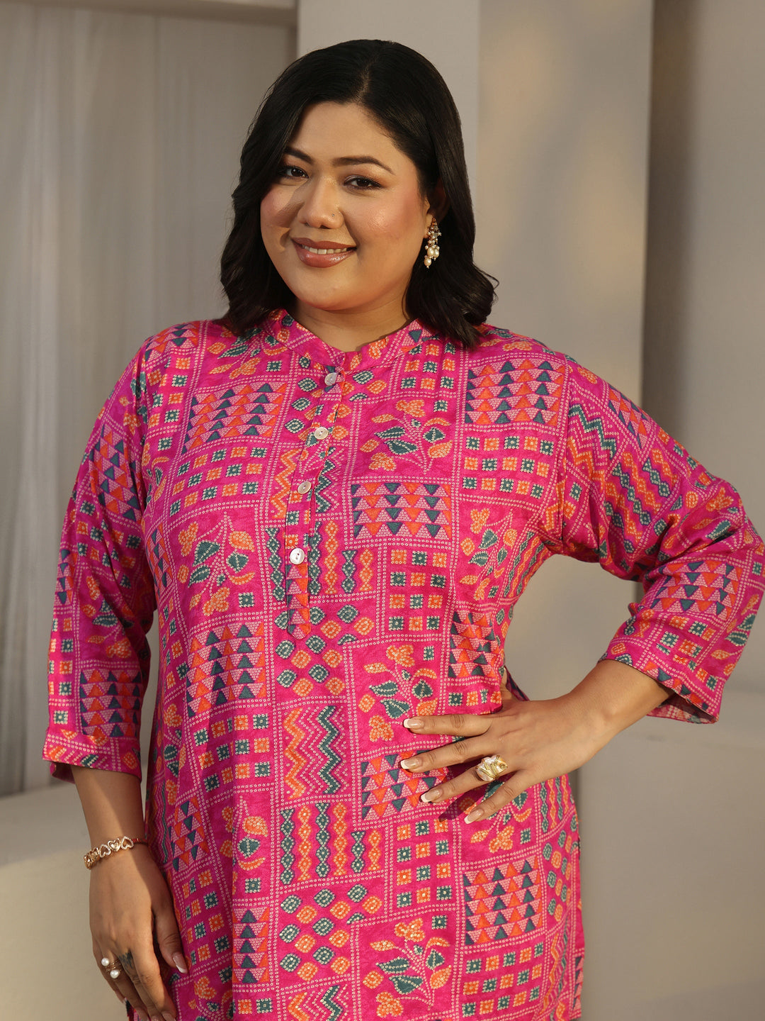 Plus Size Pink Multi Printed Rayon Straight Tunic