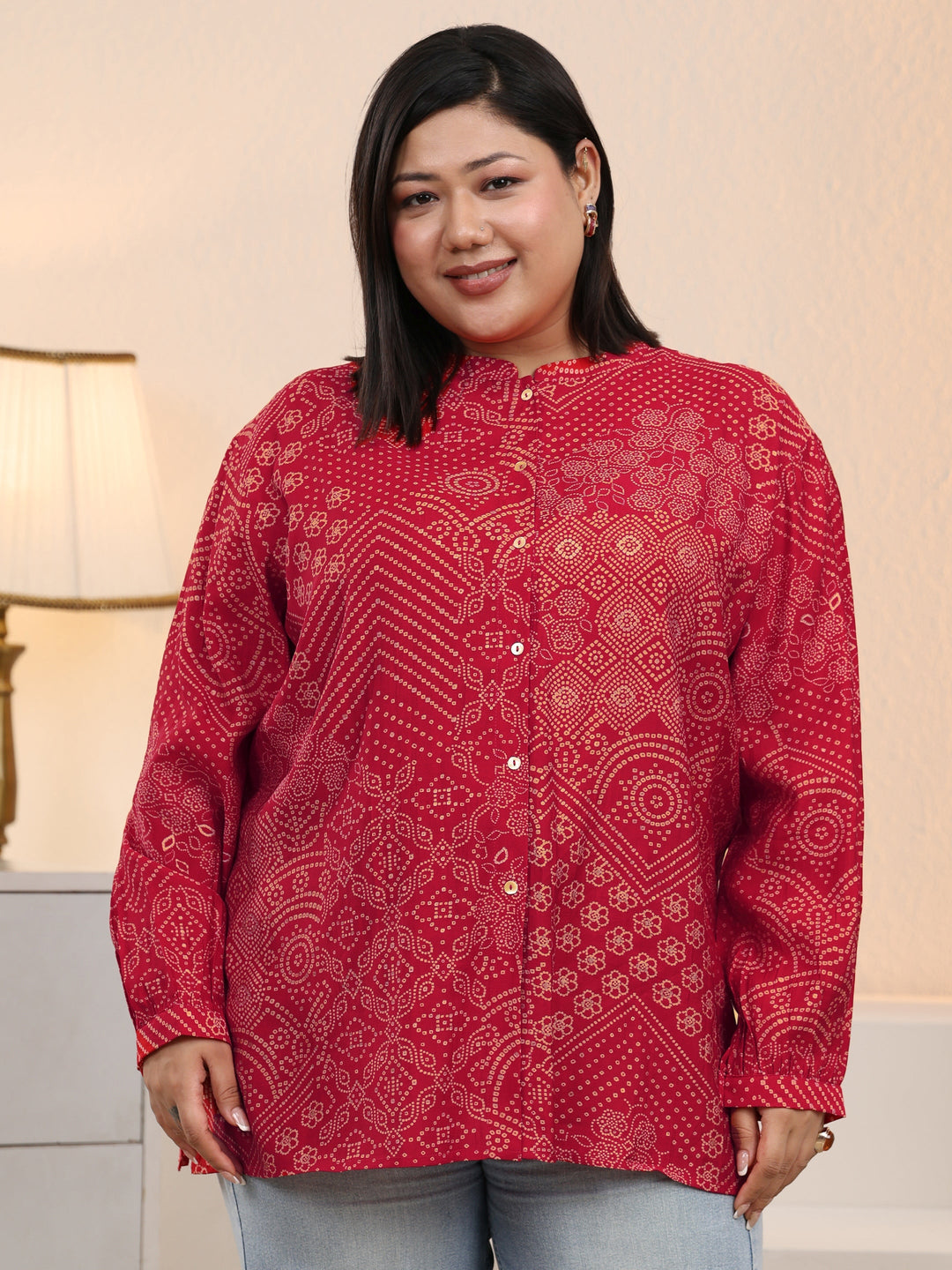 Plus Size Red Bandhani Printed Silk Blend Shirt