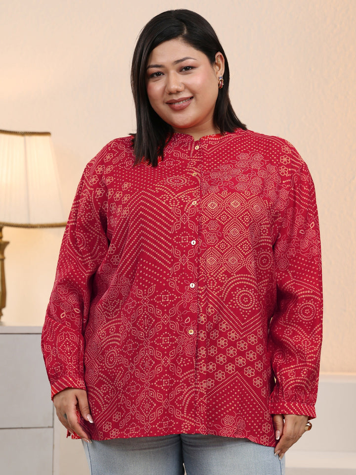 Plus Size Red Bandhani Printed Silk Blend Shirt