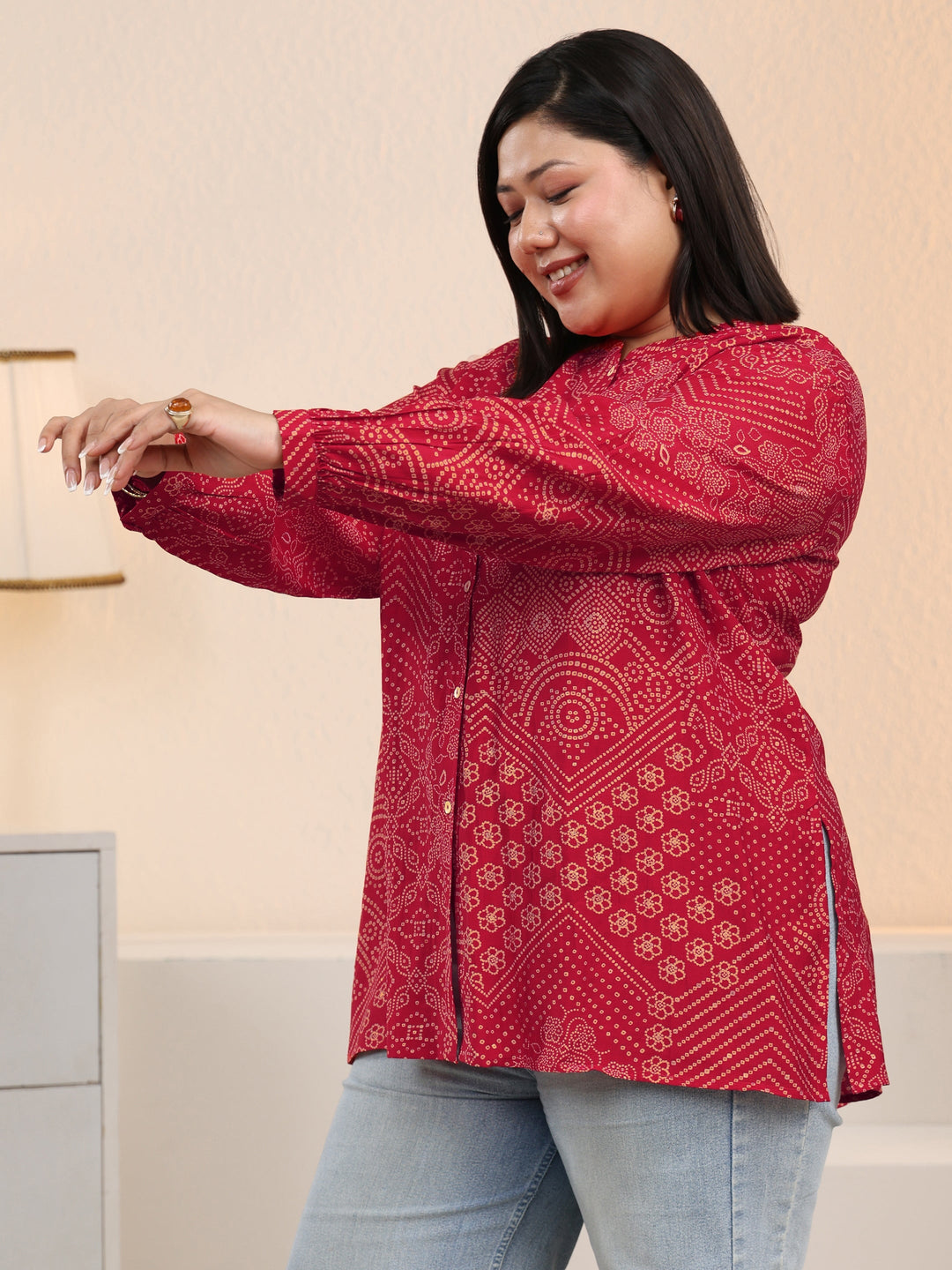 Plus Size Red Bandhani Printed Silk Blend Shirt