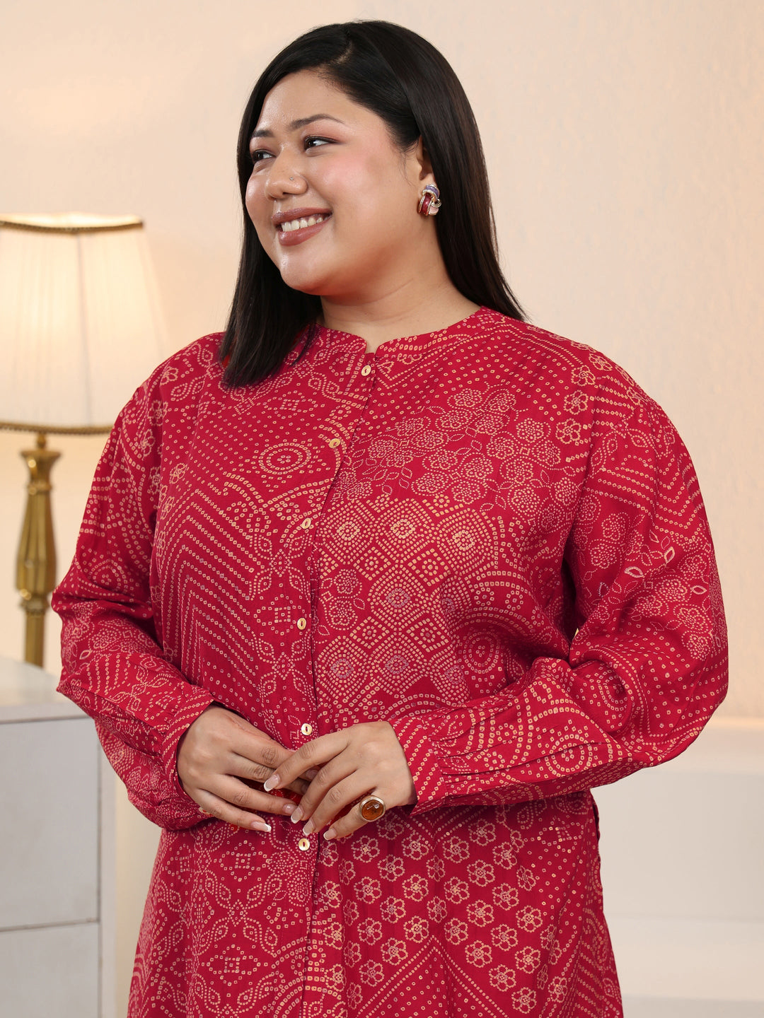 Plus Size Red Bandhani Printed Silk Blend Shirt