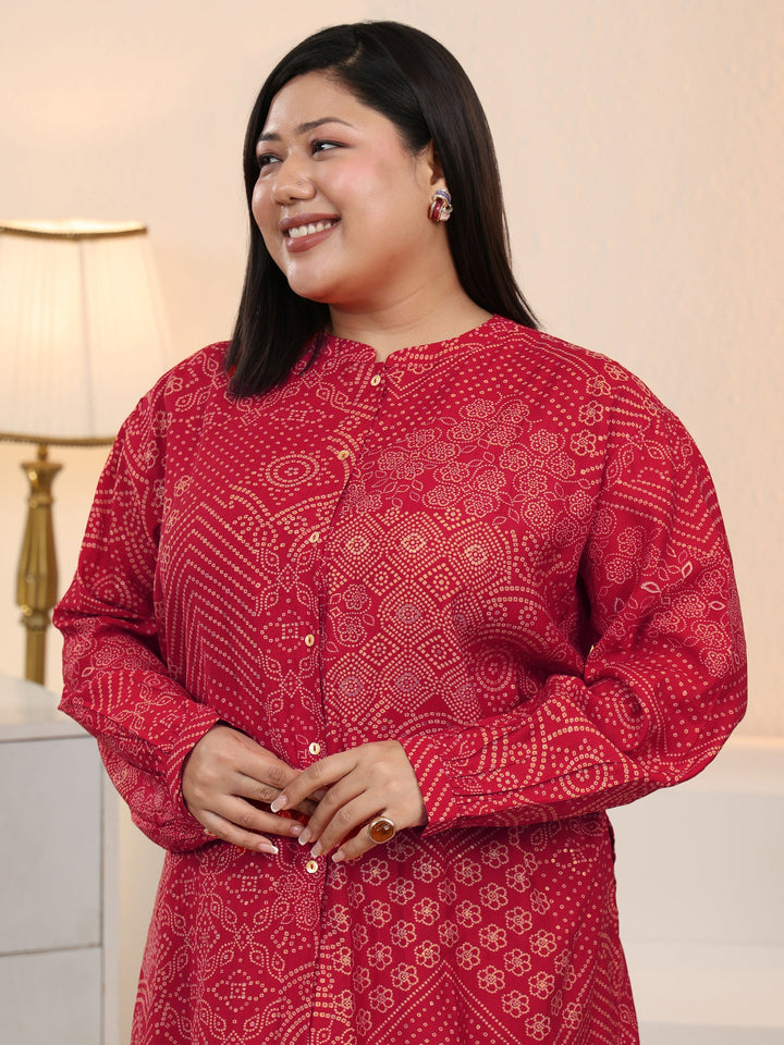 Plus Size Red Bandhani Printed Silk Blend Shirt