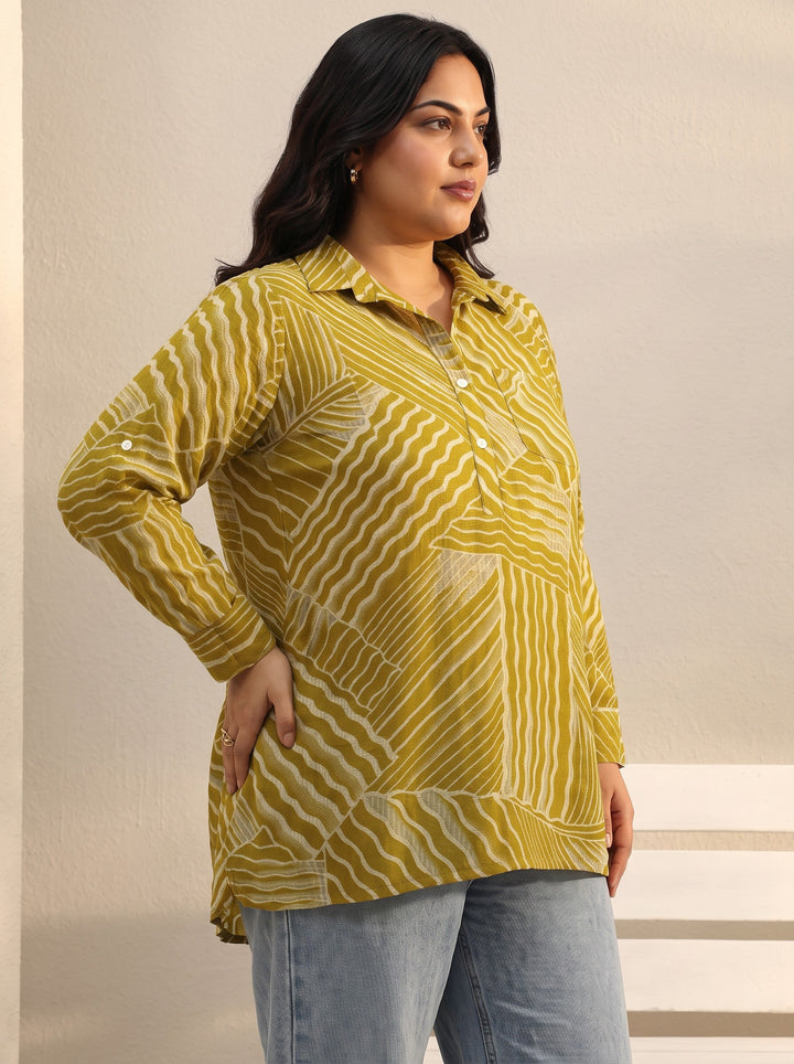Plus Size Green Abstract Printed Silk Blend Tunic