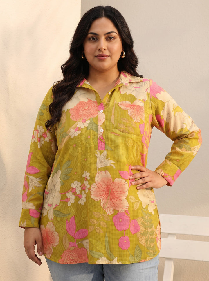 Plus Size Green Floral Printed Silk Blend Tunic