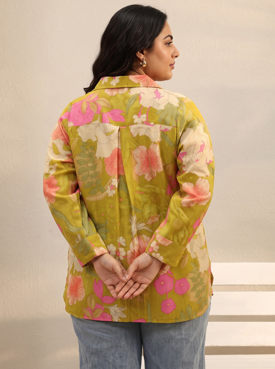 Plus Size Green Floral Printed Silk Blend Tunic