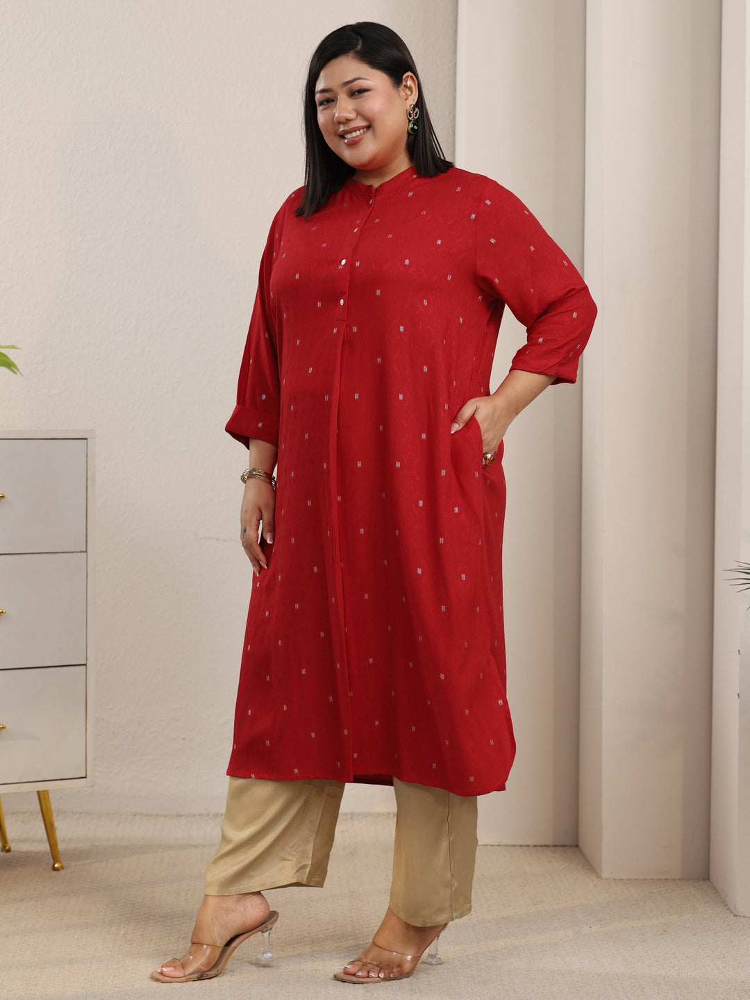 Plus Size Red Woven Design Rayon Straight Kurta