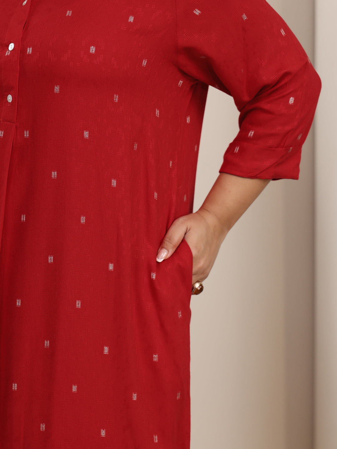 Plus Size Red Woven Design Rayon Straight Kurta