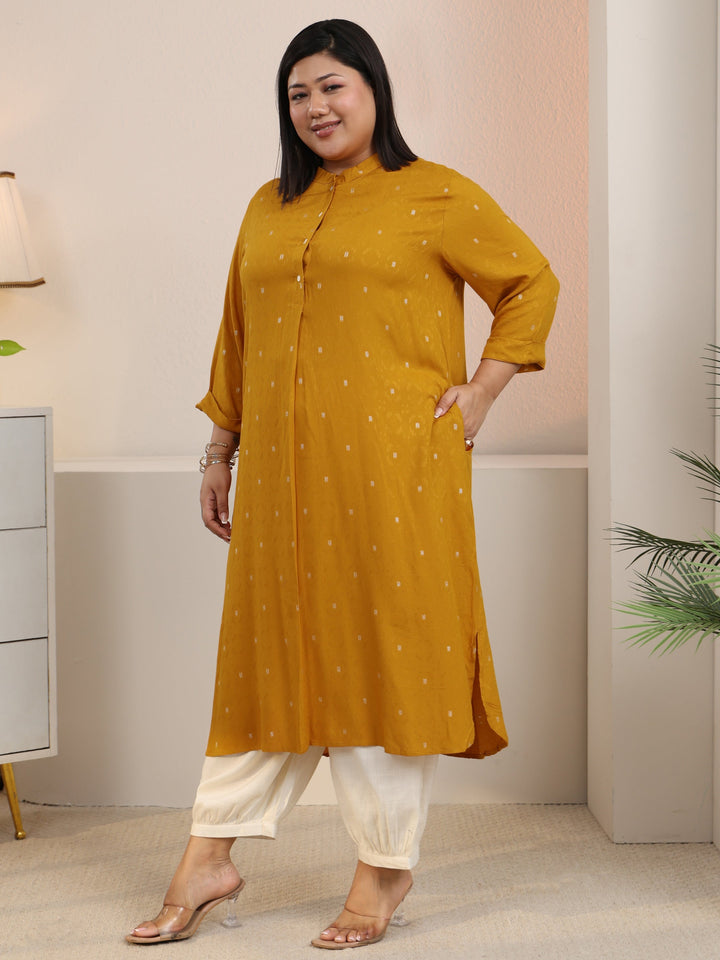 Plus Size Mustard Woven Design Rayon Straight Kurta