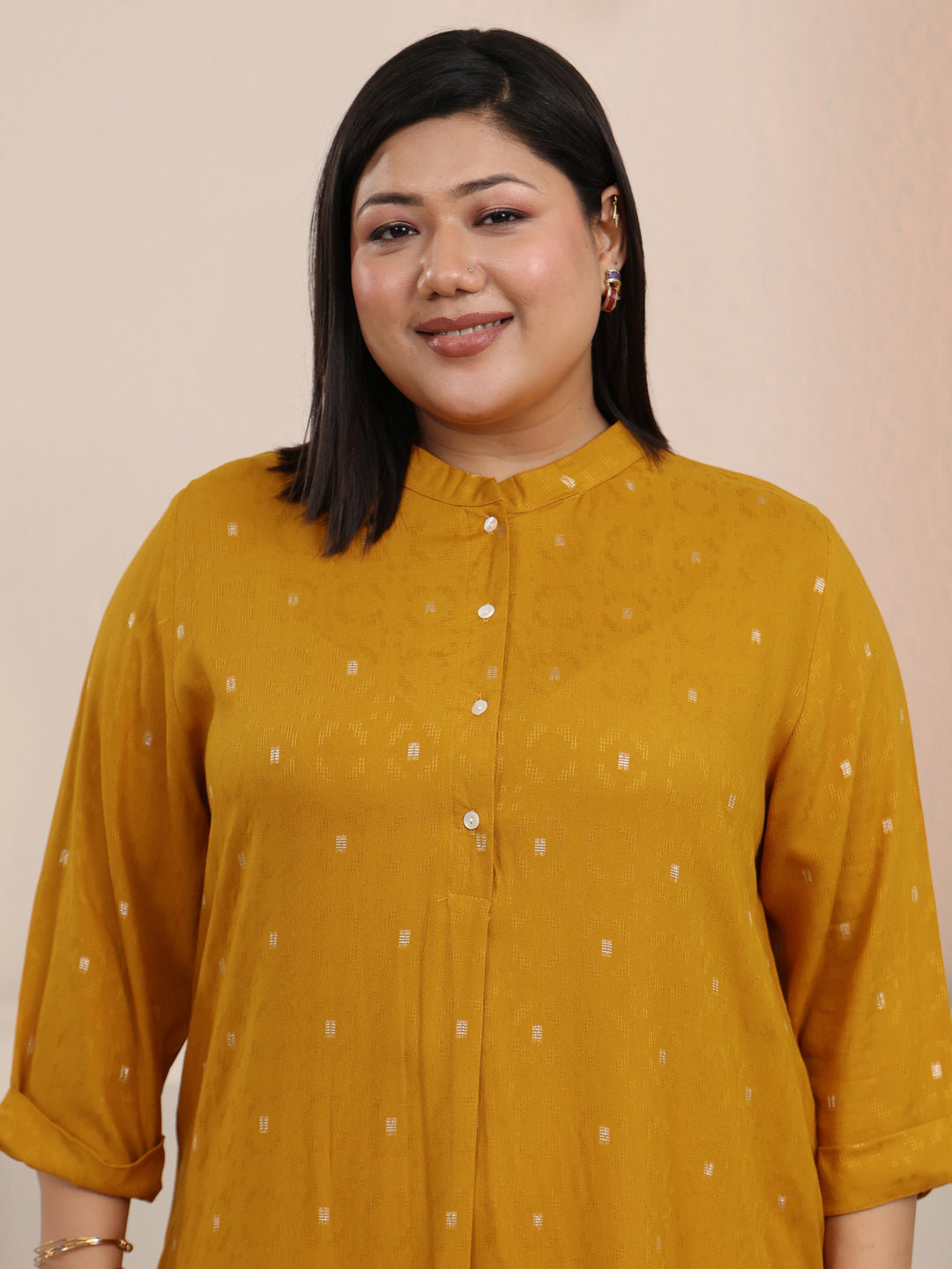 Plus Size Mustard Woven Design Rayon Straight Kurta
