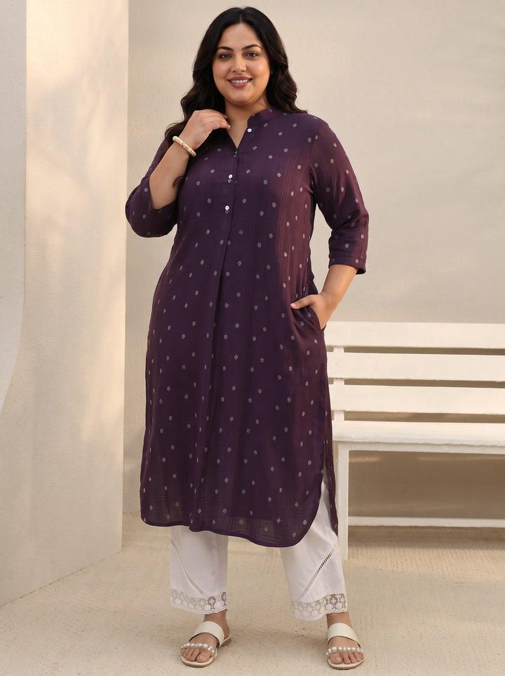 Plus Size Burgundy Woven Design Rayon Straight Kurta