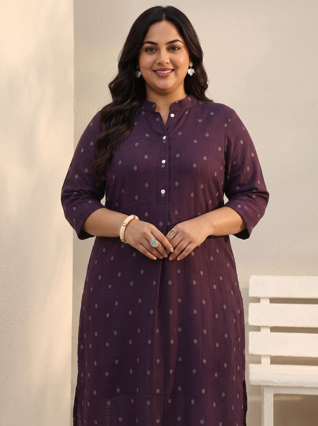 Plus Size Burgundy Woven Design Rayon Straight Kurta