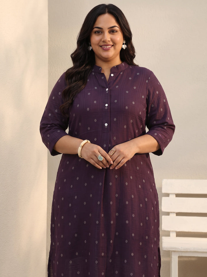 Plus Size Burgundy Woven Design Rayon Straight Kurta