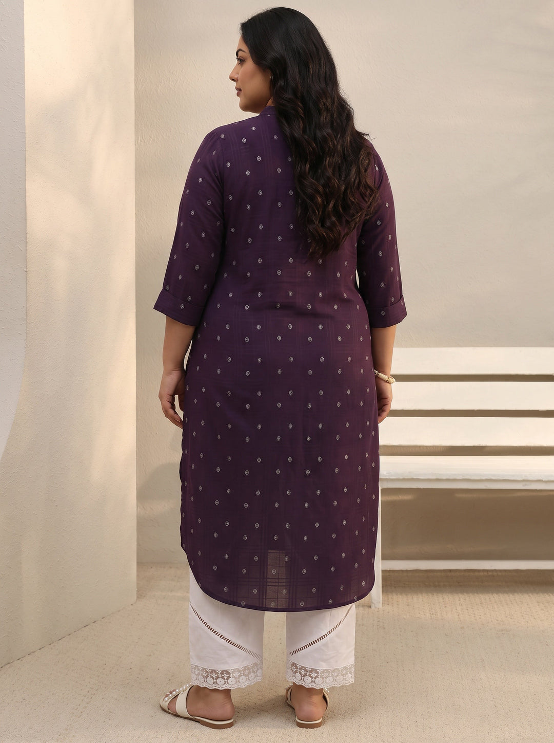 Plus Size Burgundy Woven Design Rayon Straight Kurta