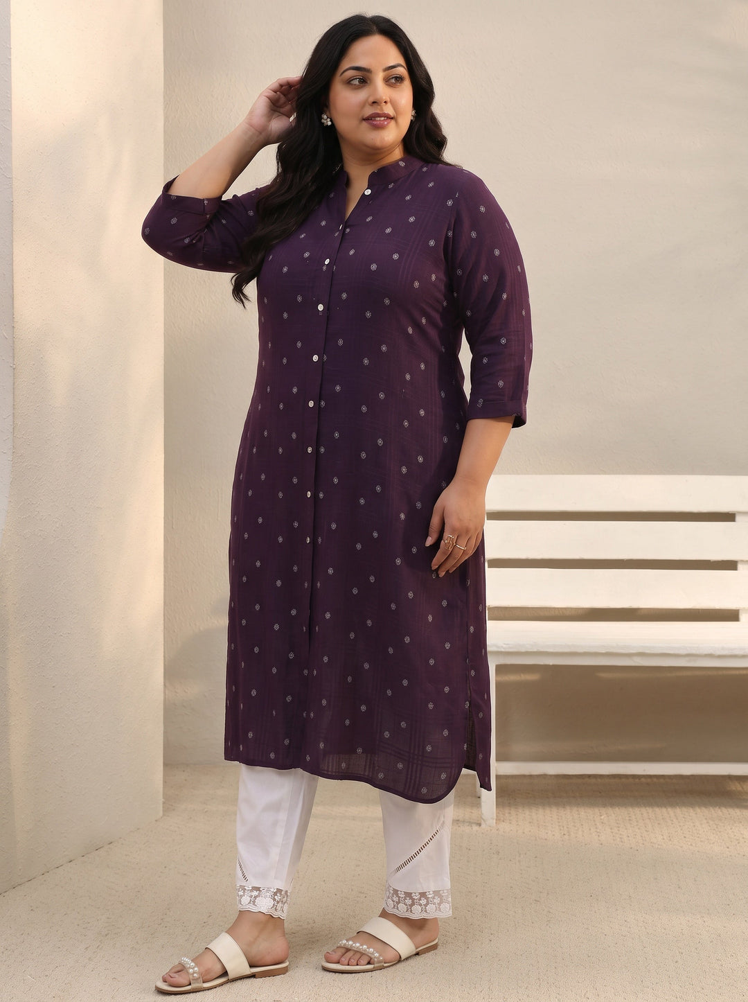 Plus Size Burgundy Woven Design Rayon Straight Kurta
