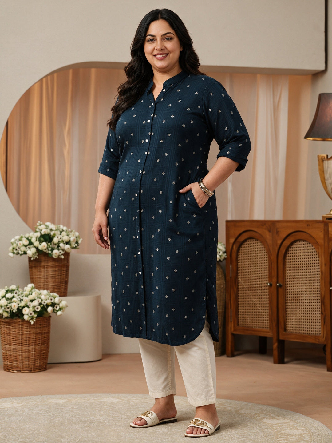 Plus Size Blue Woven Design Rayon Straight Kurta