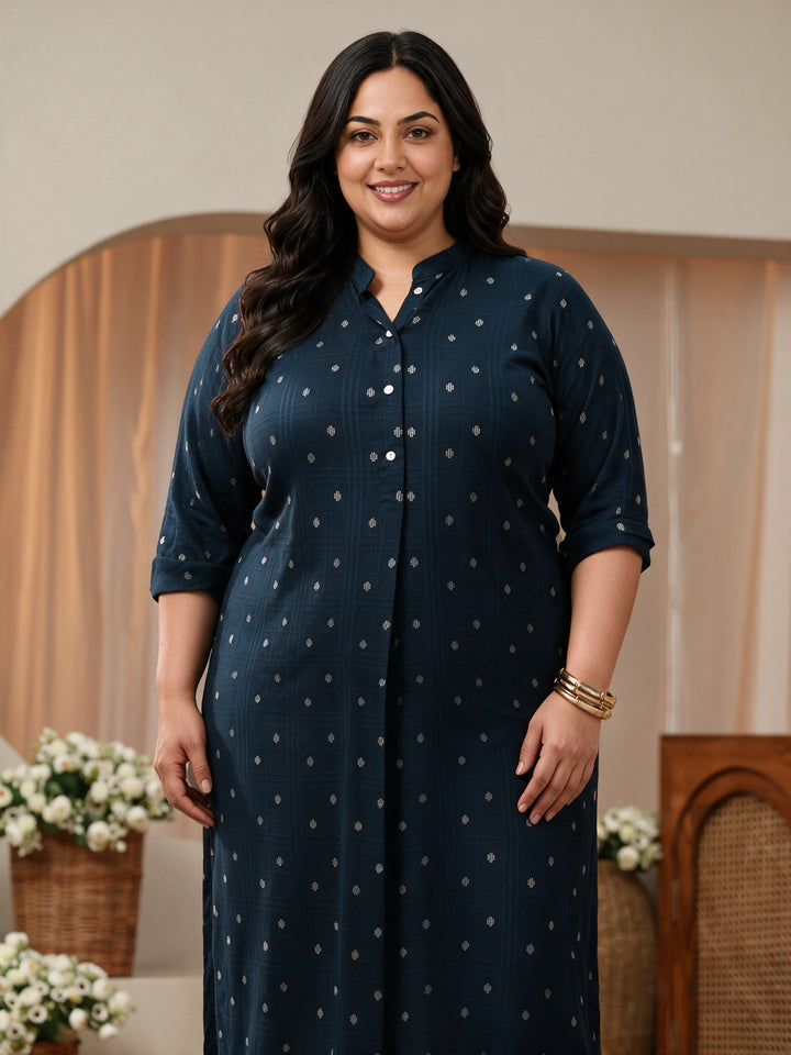 Plus Size Blue Woven Design Rayon Straight Kurta