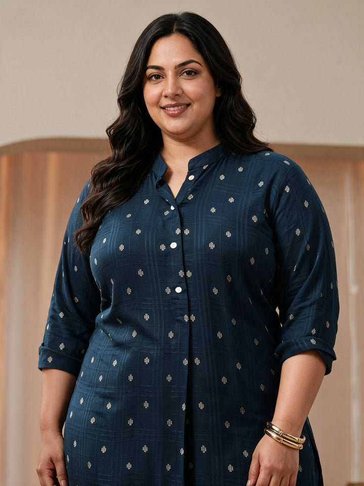 Plus Size Blue Woven Design Rayon Straight Kurta
