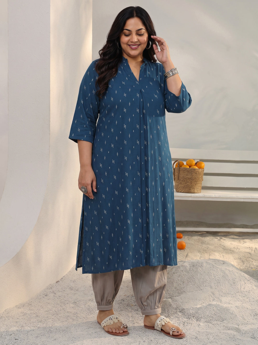 Plus Size Blue Woven Design Rayon Straight Kurta
