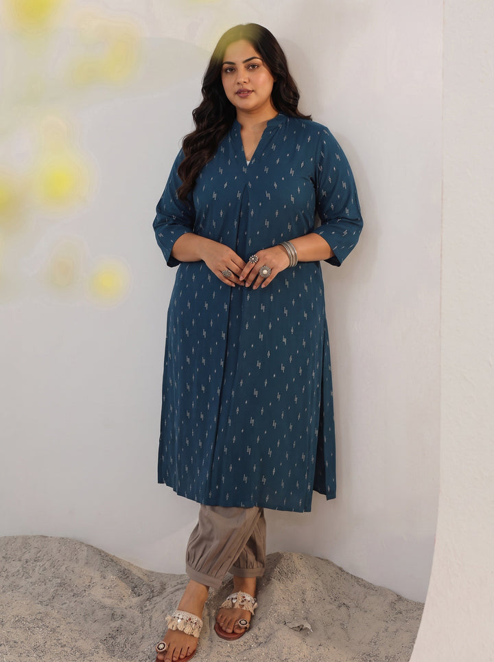 Plus Size Blue Woven Design Rayon Straight Kurta