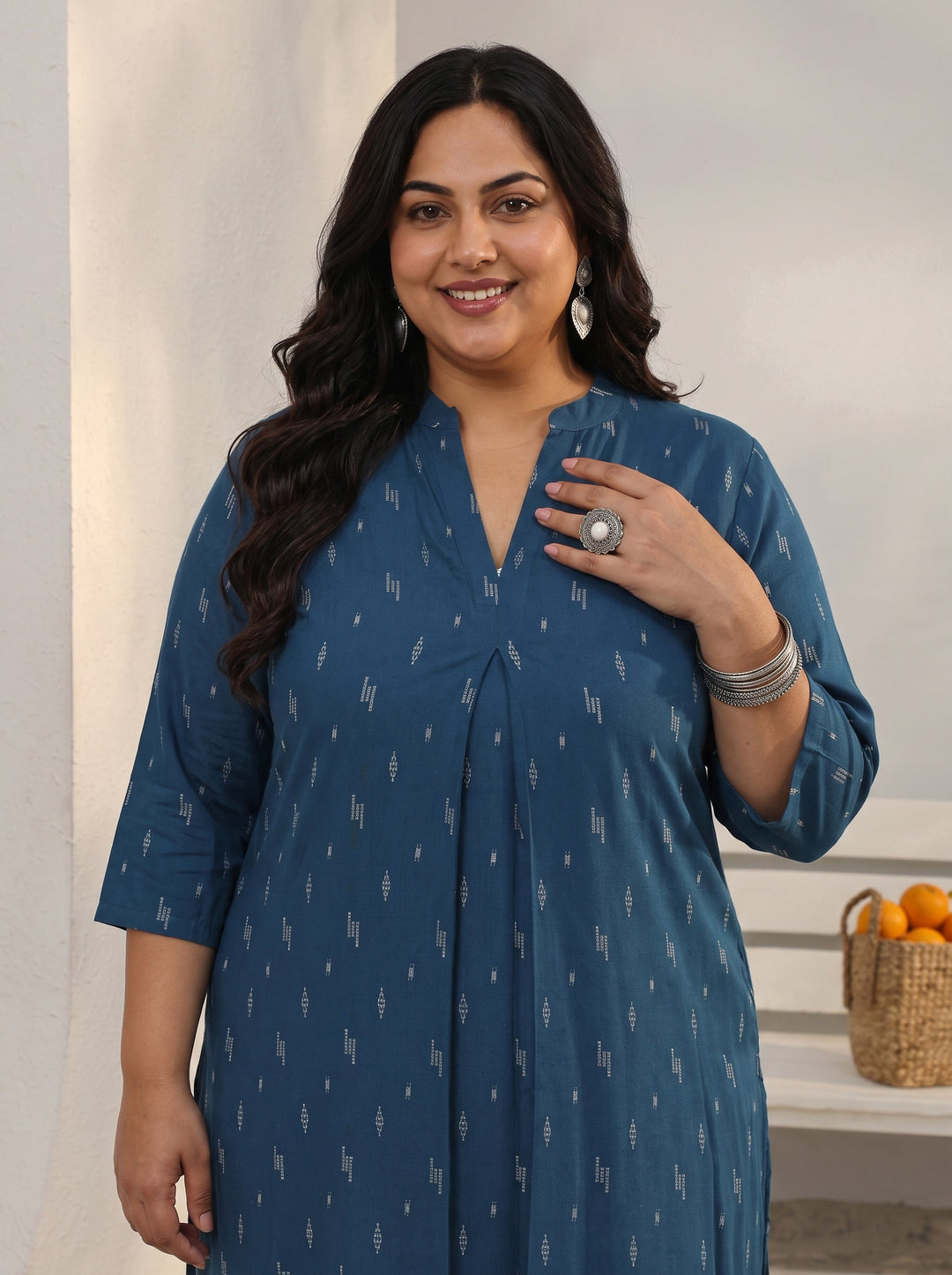 Plus Size Blue Woven Design Rayon Straight Kurta