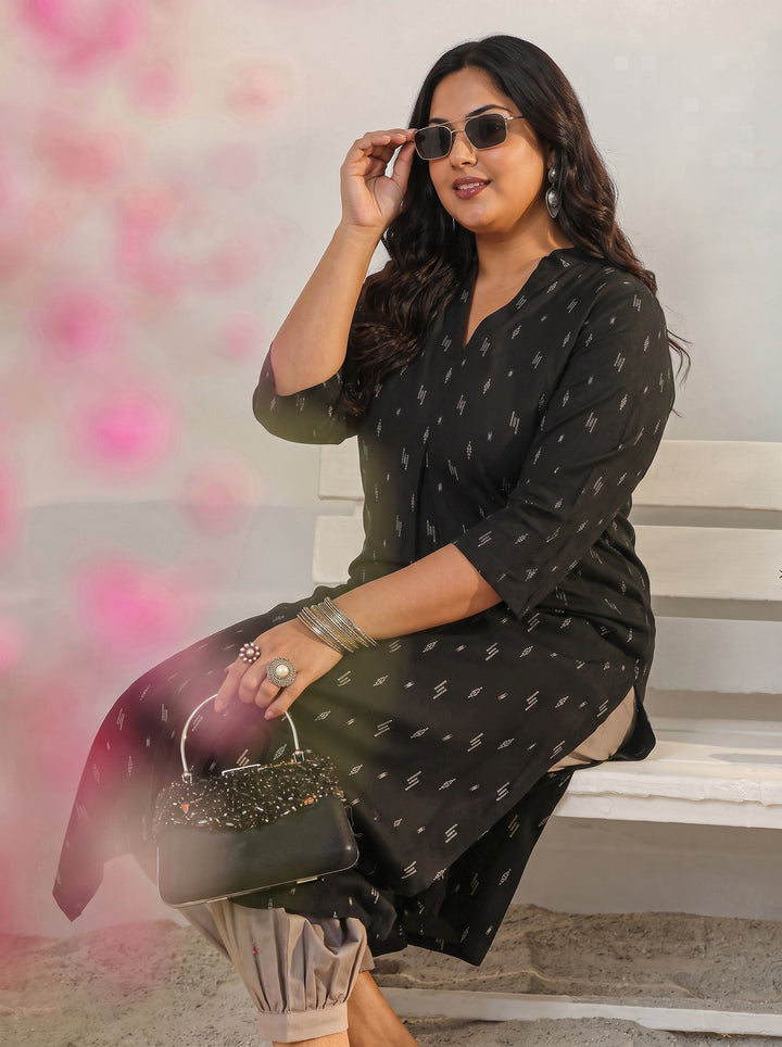 Plus Size Black Woven Design Rayon Straight Kurta