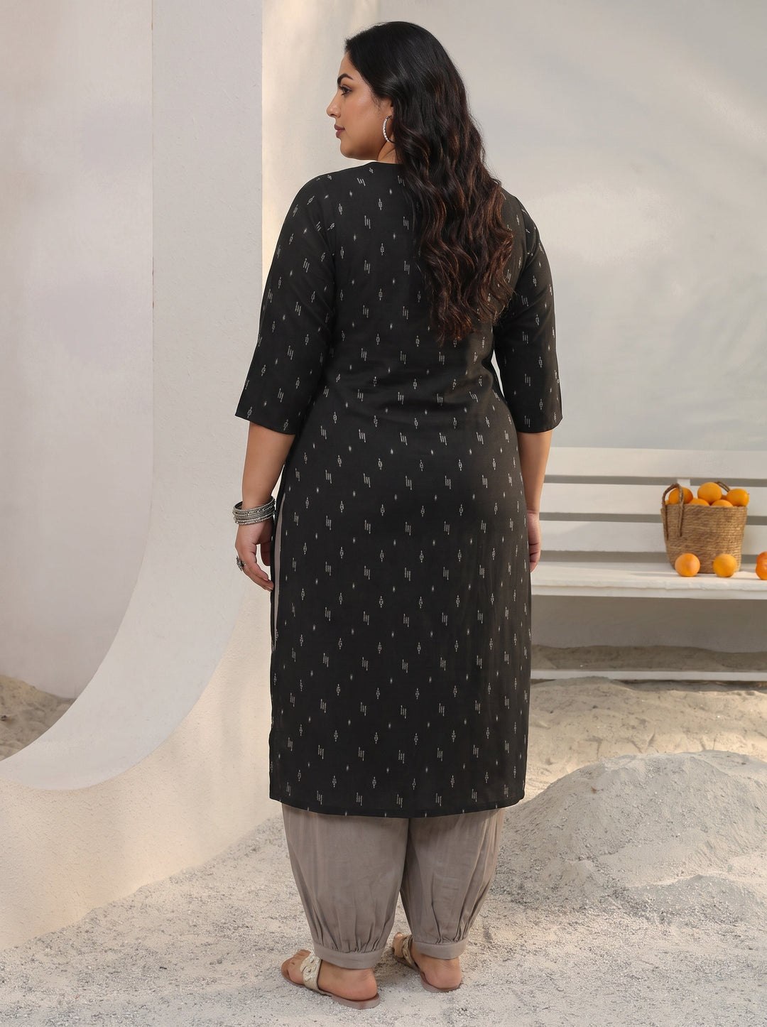 Plus Size Black Woven Design Rayon Straight Kurta