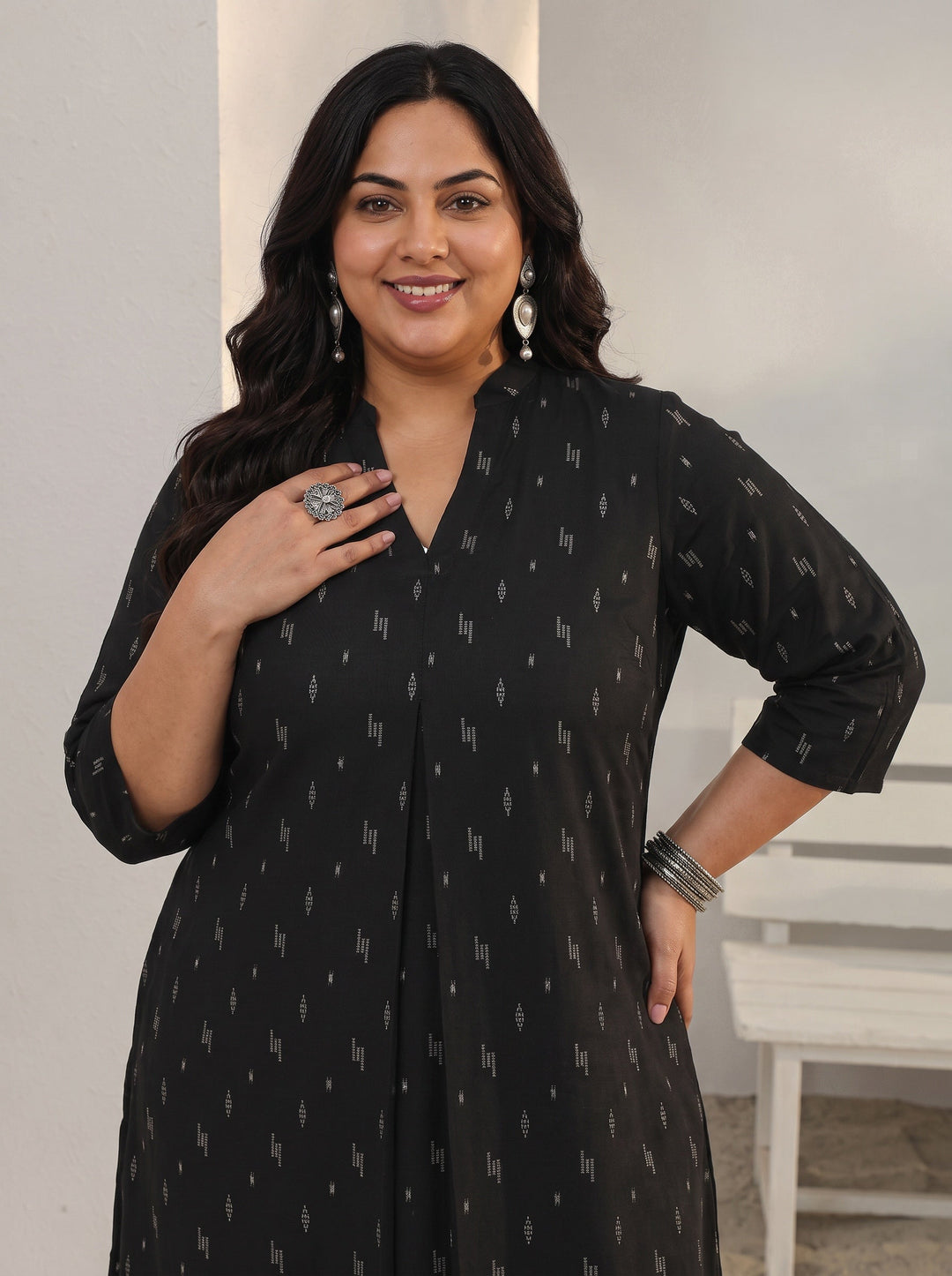 Plus Size Black Woven Design Rayon Straight Kurta