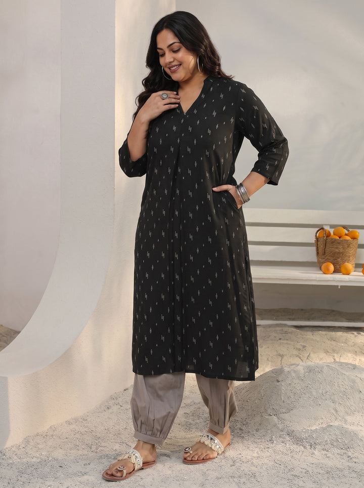 Plus Size Black Woven Design Rayon Straight Kurta