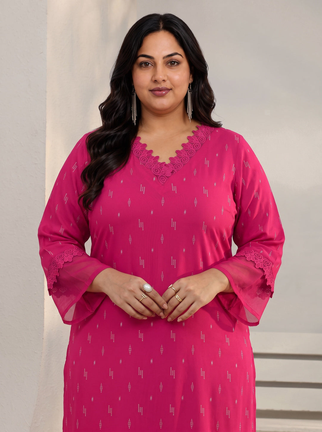 Plus Size Pink Woven Design Rayon Straight Kurta