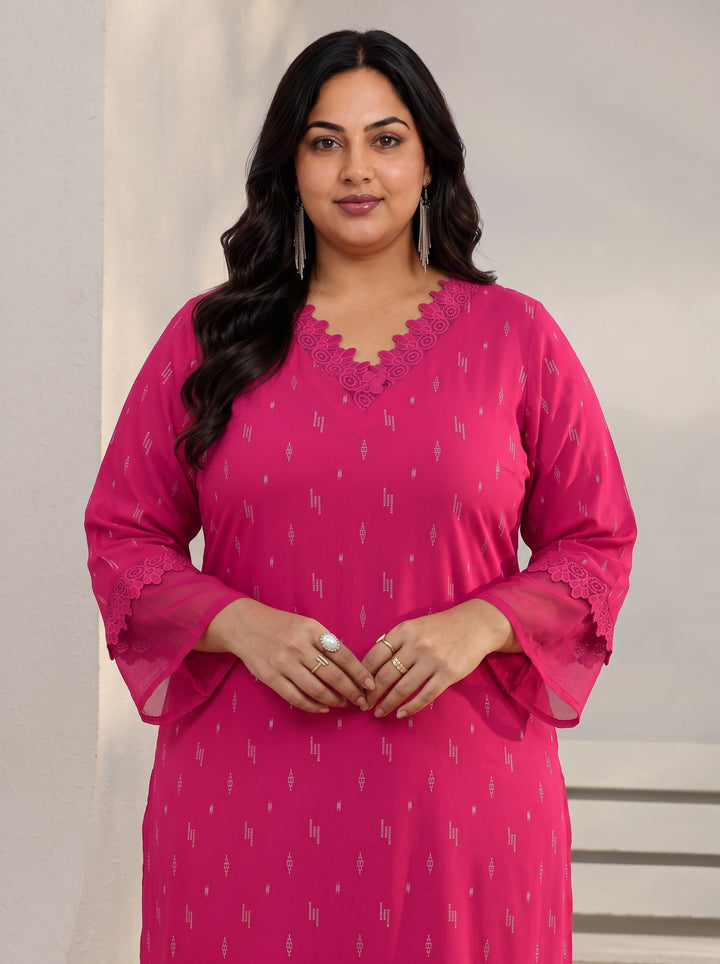 Plus Size Pink Woven Design Rayon Straight Kurta