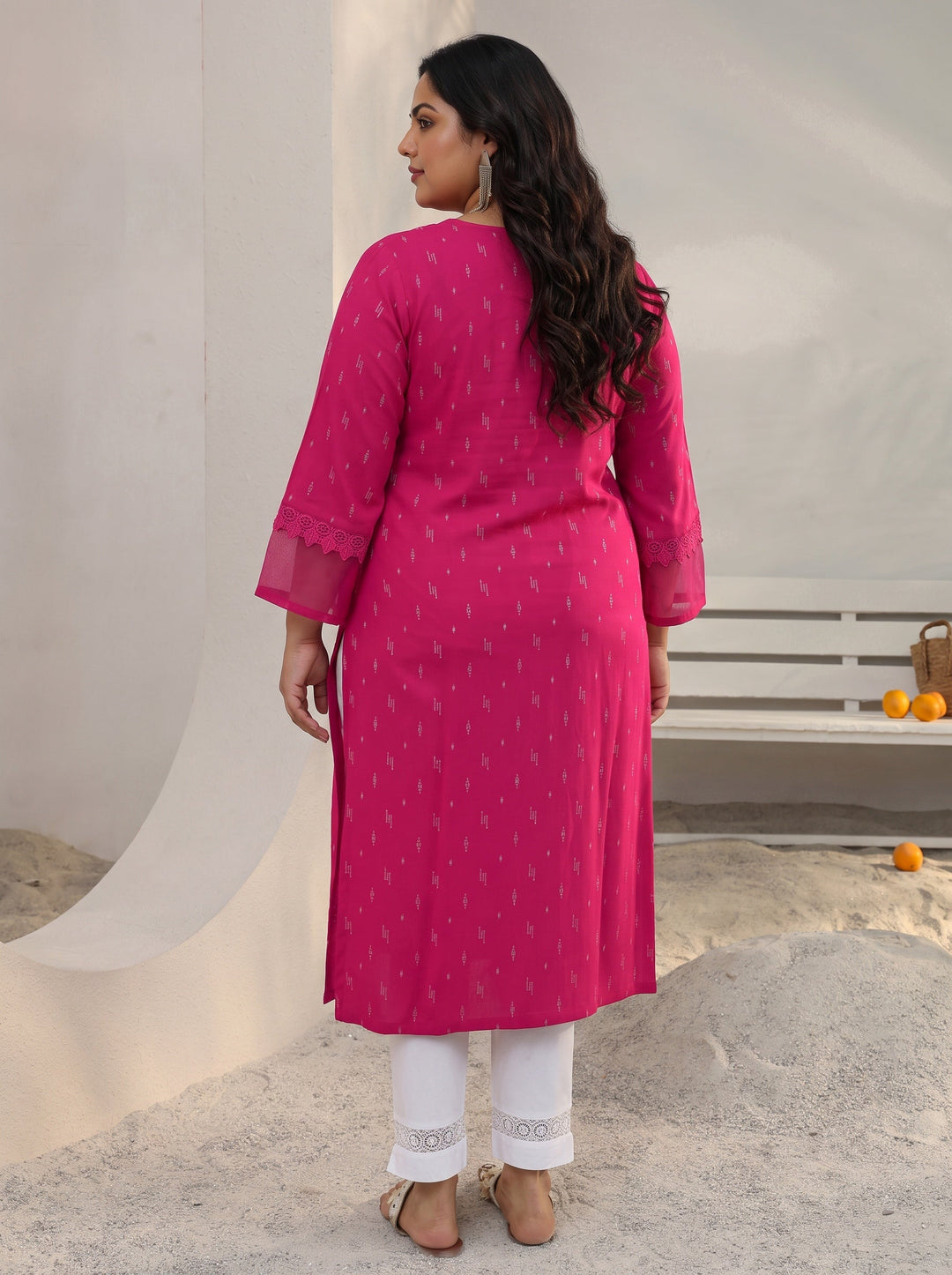 Plus Size Pink Woven Design Rayon Straight Kurta