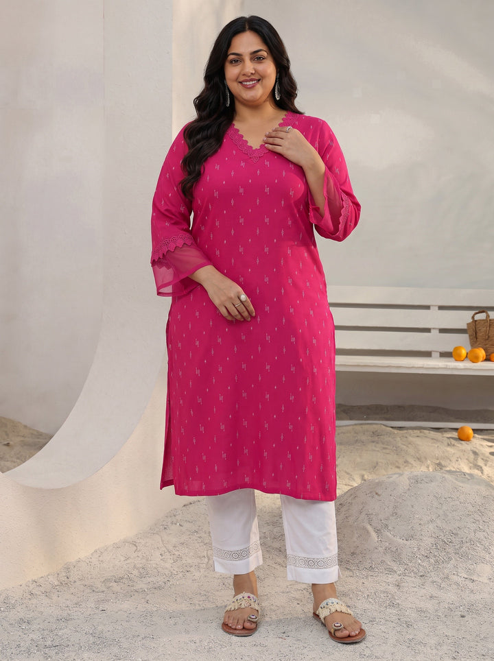 Plus Size Pink Woven Design Rayon Straight Kurta